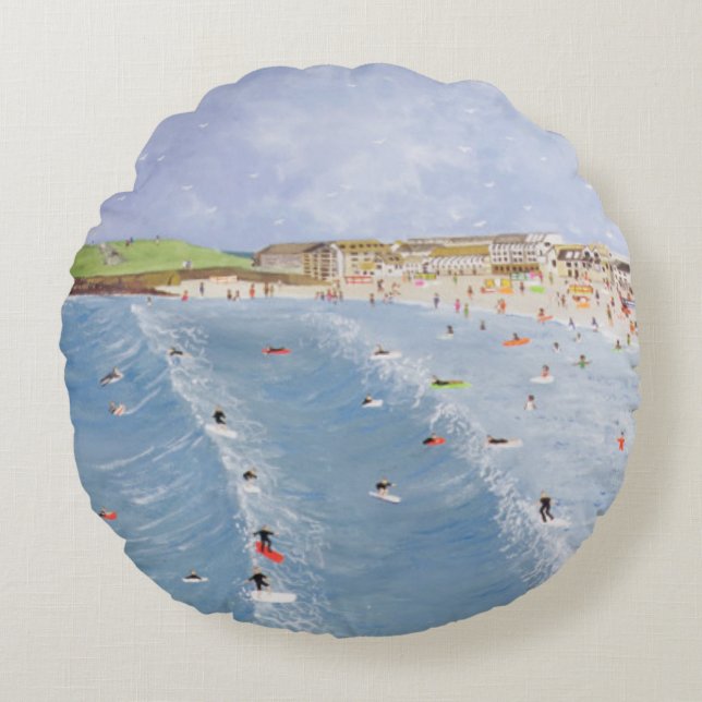 Surfen in Porthmeor Rond Kussen (Voorkant)
