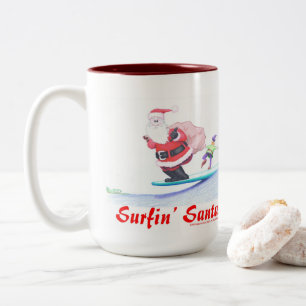 Surfen Kerstman en een dansende elf! Tweekleurige Koffiemok