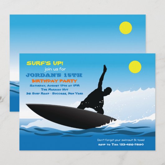 Surfen Leuk Verjaardagsfeestje Uitnodiging (Voorkant / Achterkant)