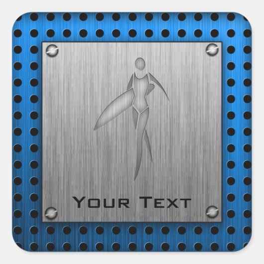 Surfen meisje; geborsteld metaal-look vierkante sticker (Voorkant)
