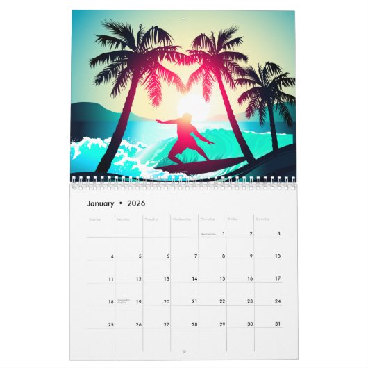 Surfen met palmbomen kalender (Jan 2026)