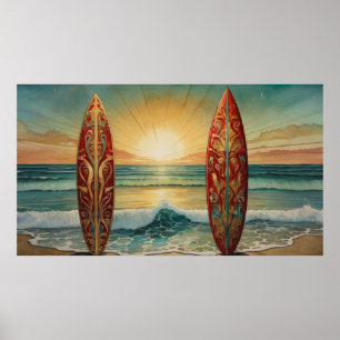 Surfen Ocean Waves Zomer zonsondergang dageraad Poster