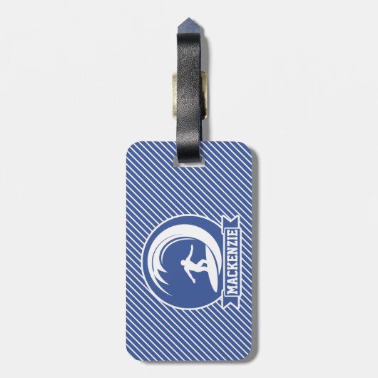 Surfen op blauwe en witte strepen bagagelabel (Achterkant verticaal)