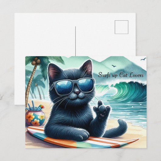 Surfen op Cat Lovers Cool Black Cat Briefkaart (Voorkant / Achterkant)