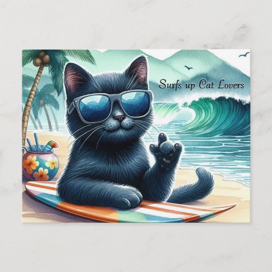 Surfen op Cat Lovers Cool Black Cat Briefkaart (Voorkant)