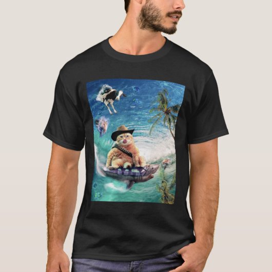 Surfen op Cowboy Cat Riding Shark T-shirt (Voorkant)