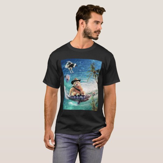 Surfen op Cowboy Cat Riding Shark T-shirt (Voorkant volledig)