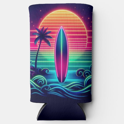 Surfen op de Neon Sunset Seltzer Blikjeskoeler (Voorkant)