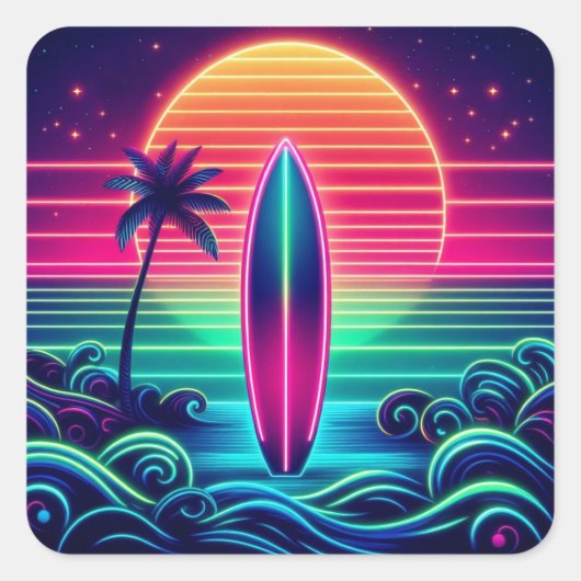 Surfen op de Neon Sunset- Vierkante Sticker (Voorkant)