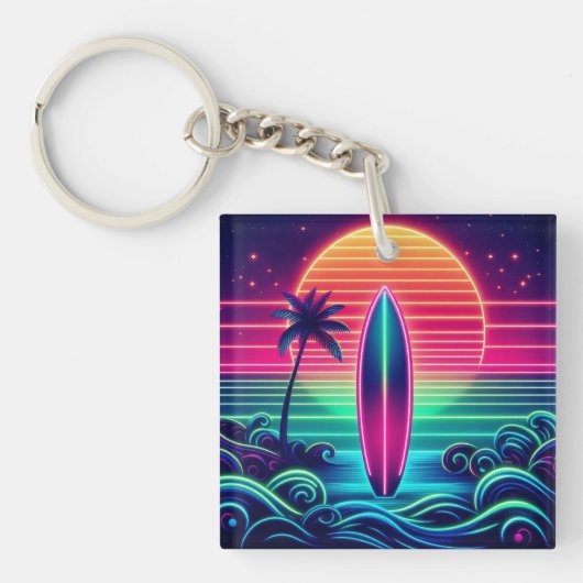 Surfen op de Neon Zonsondergang Sleutelhanger (Voorkant)