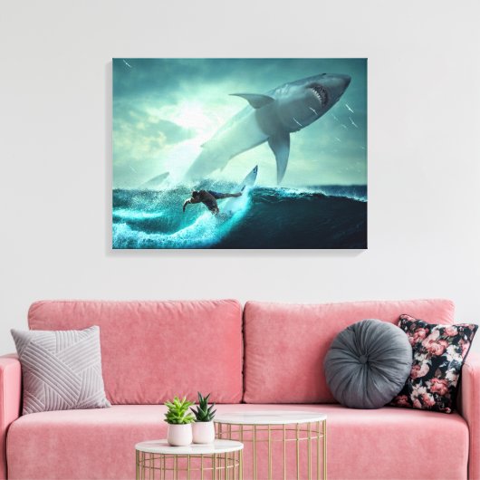 Surfen op haaien canvas afdruk (Insitu (Woonkamer))
