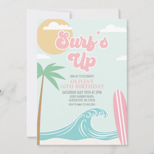 Surfen op het roze strand Birthday Invitation Kaart (Voorkant)