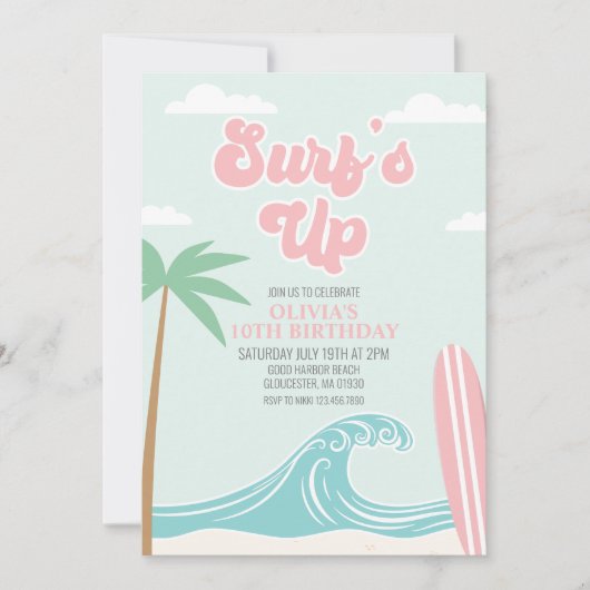 Surfen op het roze strand Birthday Invitation Kaart (Voorkant)
