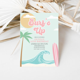 Surfen op het roze strand Birthday Invitation Kaart