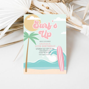 Surfen op het roze strand Birthday Invitation Kaart