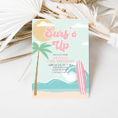 Surfen op het roze strand Birthday Invitation Kaart