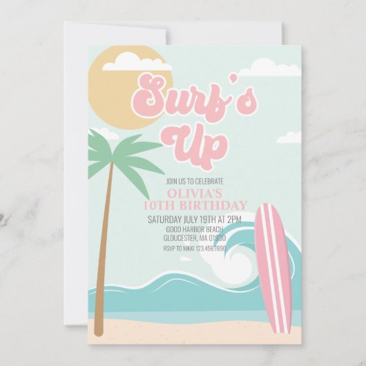 Surfen op het roze strand Birthday Invitation Kaart (Voorkant)