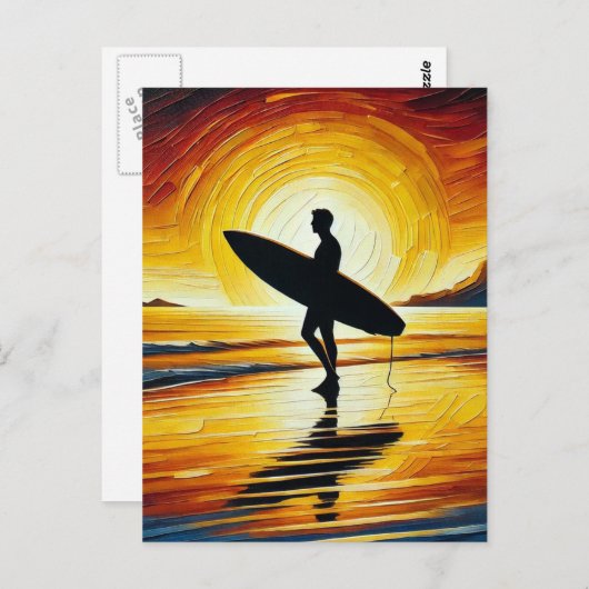Surfen op het strand bij zonsondergang briefkaart (Voorkant / Achterkant)