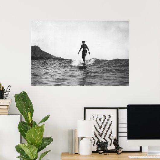 Surfen op Honolulu Hawaii Longboard Surfer Poster (Thuiskantoor)