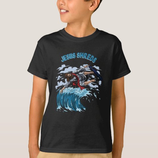 Surfen op Jezus Shreds voor Surfers Skateboarder T-shirt (Voorkant)