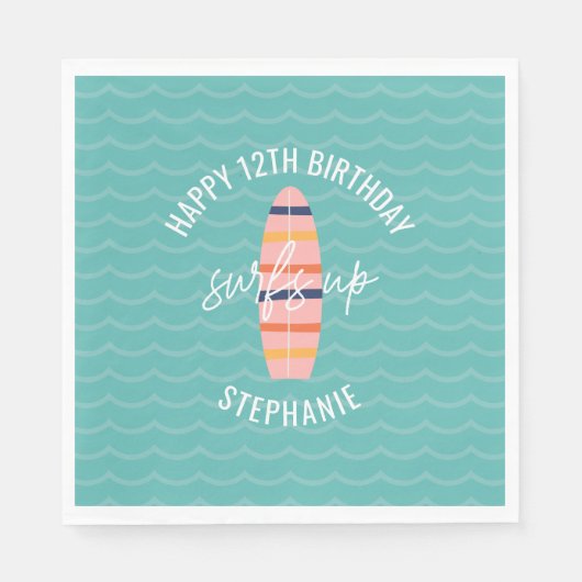 Surfen op roze surfplank Birthday Party Servet (Voorkant)