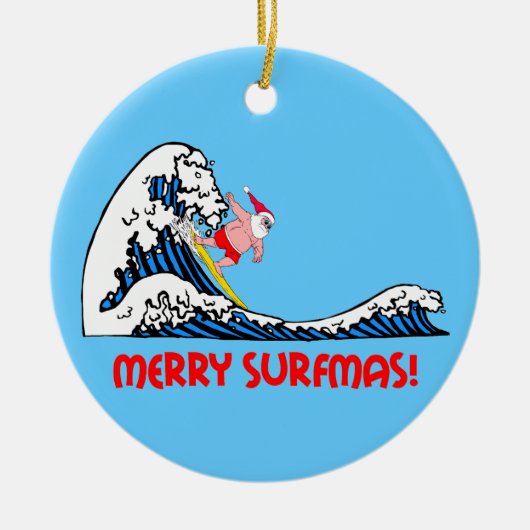 surfen op santa keramisch ornament (Voorkant)