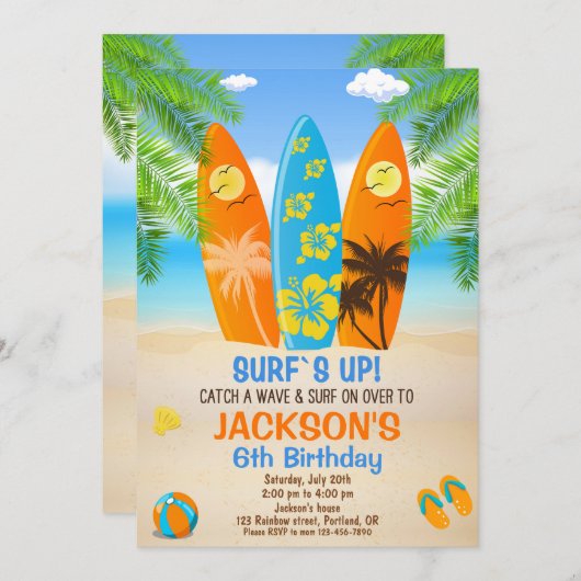 Surfen op verjaardagsuitnodiging Surfboard nodigt  Kaart (Voorkant / Achterkant)