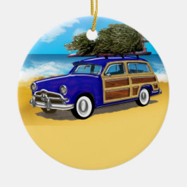 Surfen op Woodie met kerstboom Keramisch Ornament