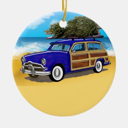 Surfen op Woodie met kerstboom Keramisch Ornament (Voorkant)