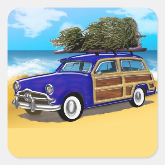 Surfen op Woodie met kerstboom Vierkante Sticker (Voorkant)