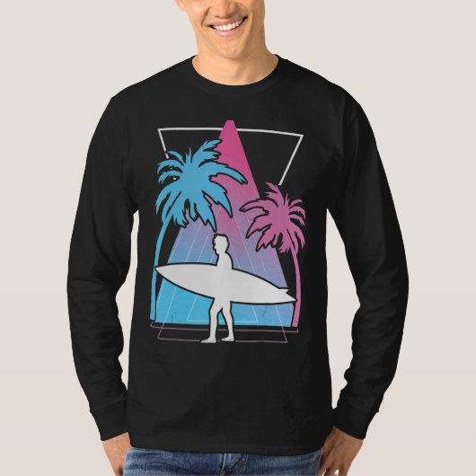 Surfen Palm Trees Surfboard Synthwave Watersport T-shirt (Voorkant)