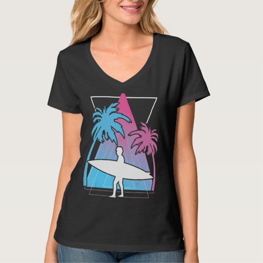 Surfen Palm Trees Surfboard Synthwave Watersport T-shirt (Voorkant)