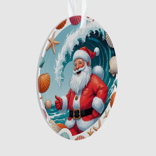 Surfen Santa Seashell Wave Acryl Kerst Orna Ornament (voorkant)