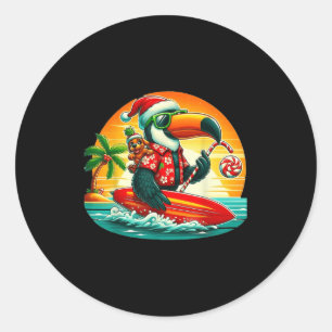 Surfen Santa Toucan en grappige hond Trocal Kerstm Ronde Sticker