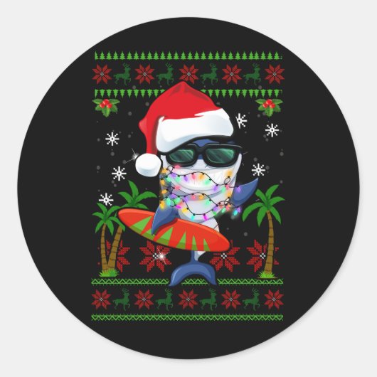 Surfen Shark Christmas Ugly Sweater Santa Hat Sha Ronde Sticker (Voorkant)