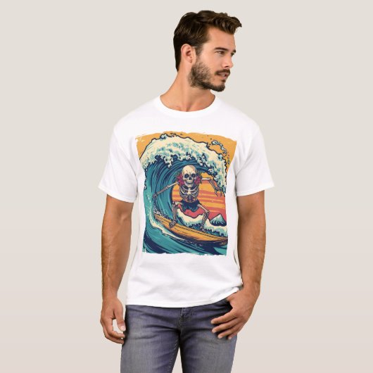 Surfen Skeleton: Wave Rider Vibes T-shirt (Voorkant volledig)