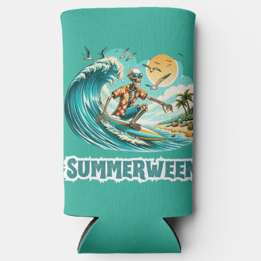Surfen Skeleton Zomer Tussen Strand Vibes Seltzer Blikjeskoeler (Voorkant)