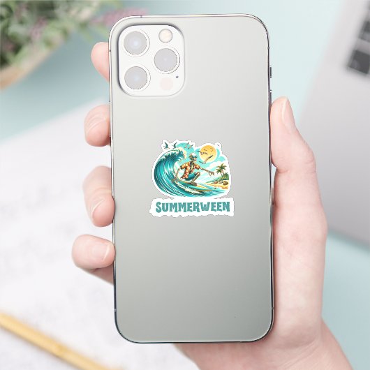 Surfen Skeleton Zomer Tussen Strand Vibes Sticker (Telefoon)