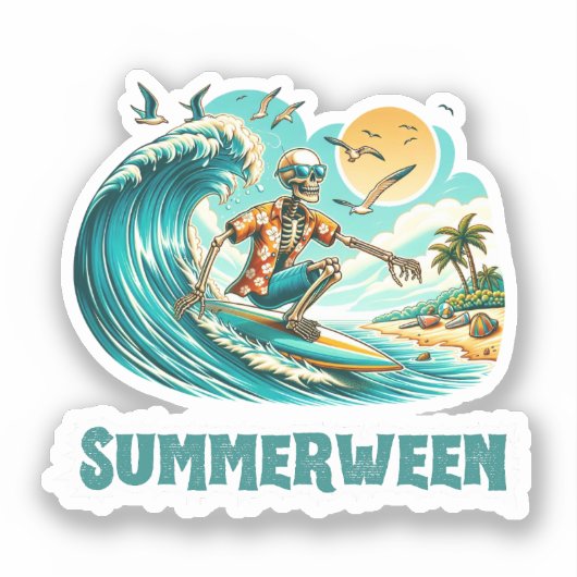 Surfen Skeleton Zomer Tussen Strand Vibes Sticker (Voorkant)