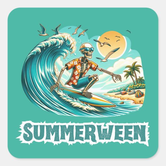 Surfen Skeleton Zomer Tussen Strand Vibes Vierkante Sticker (Voorkant)