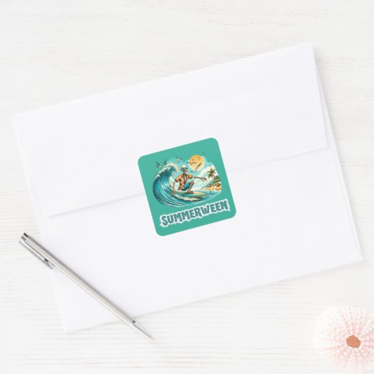 Surfen Skeleton Zomer Tussen Strand Vibes Vierkante Sticker (Envelop)