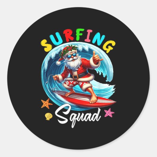 Surfen Squad Kerstmis in juli Santa Hawaiian Fun Ronde Sticker (Voorkant)