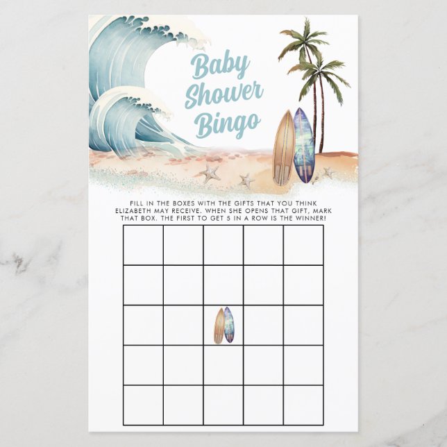 Surfen Strand Zomer Baby Shower Bingo Spel (Voorkant)