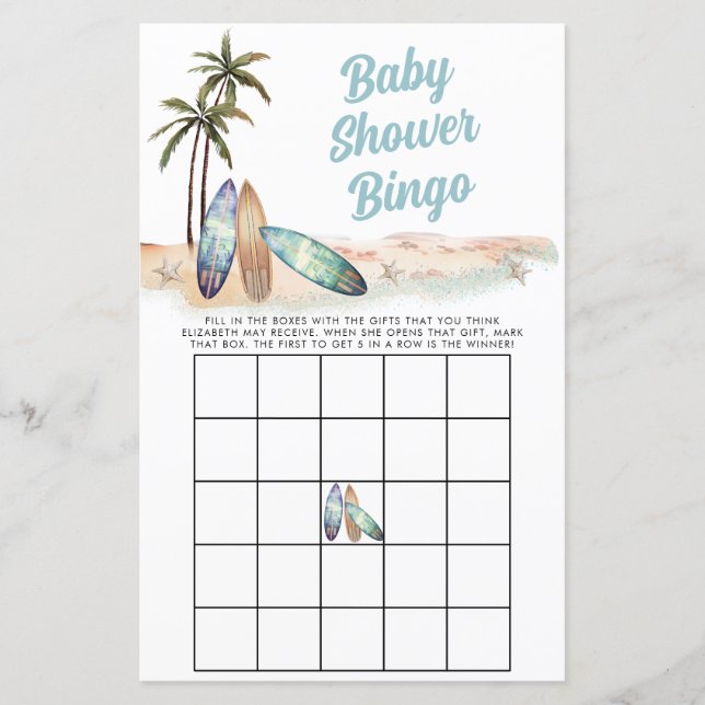 Surfen Strand Zomer Baby shower Bingo Spel (Voorkant)