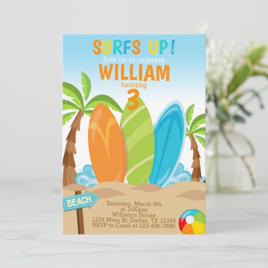 Surfen Surfboard verjaardagsfeestje Uitnodiging (Staand voorkant)