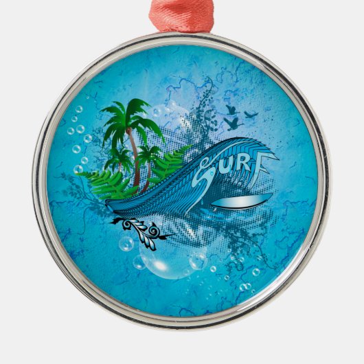 Surfen, surfbord met handpalm metalen ornament (Voorkant)