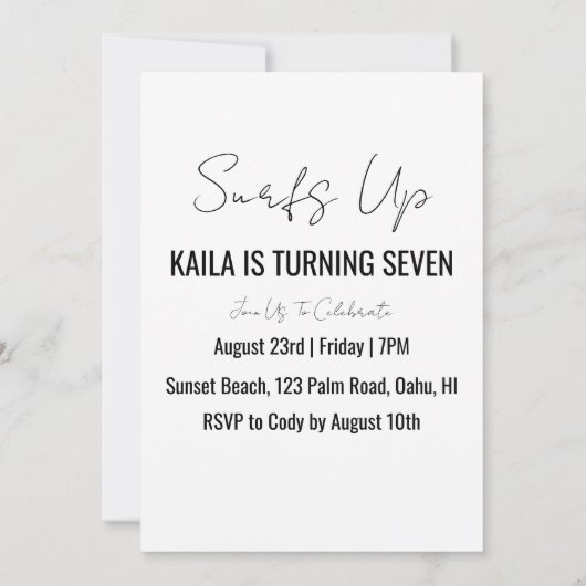 Surfen Surfen Strand Verjaardagsfeestuitnodigingen Kaart (Achterkant)