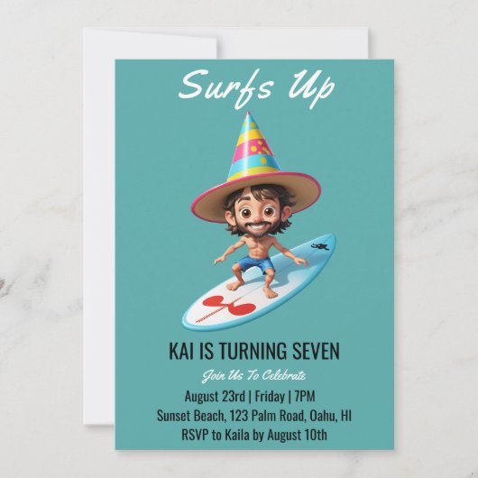 Surfen Surfen Strand Verjaardagsfeestuitnodigingen Kaart (Voorkant)