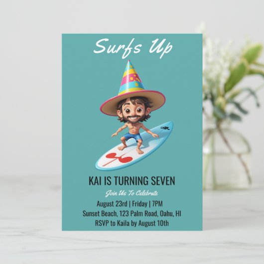 Surfen Surfen Strand Verjaardagsfeestuitnodigingen Kaart (Staand voorkant)
