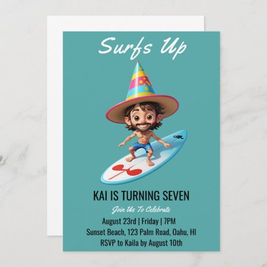 Surfen Surfen Strand Verjaardagsfeestuitnodigingen Kaart (Voorkant / Achterkant)